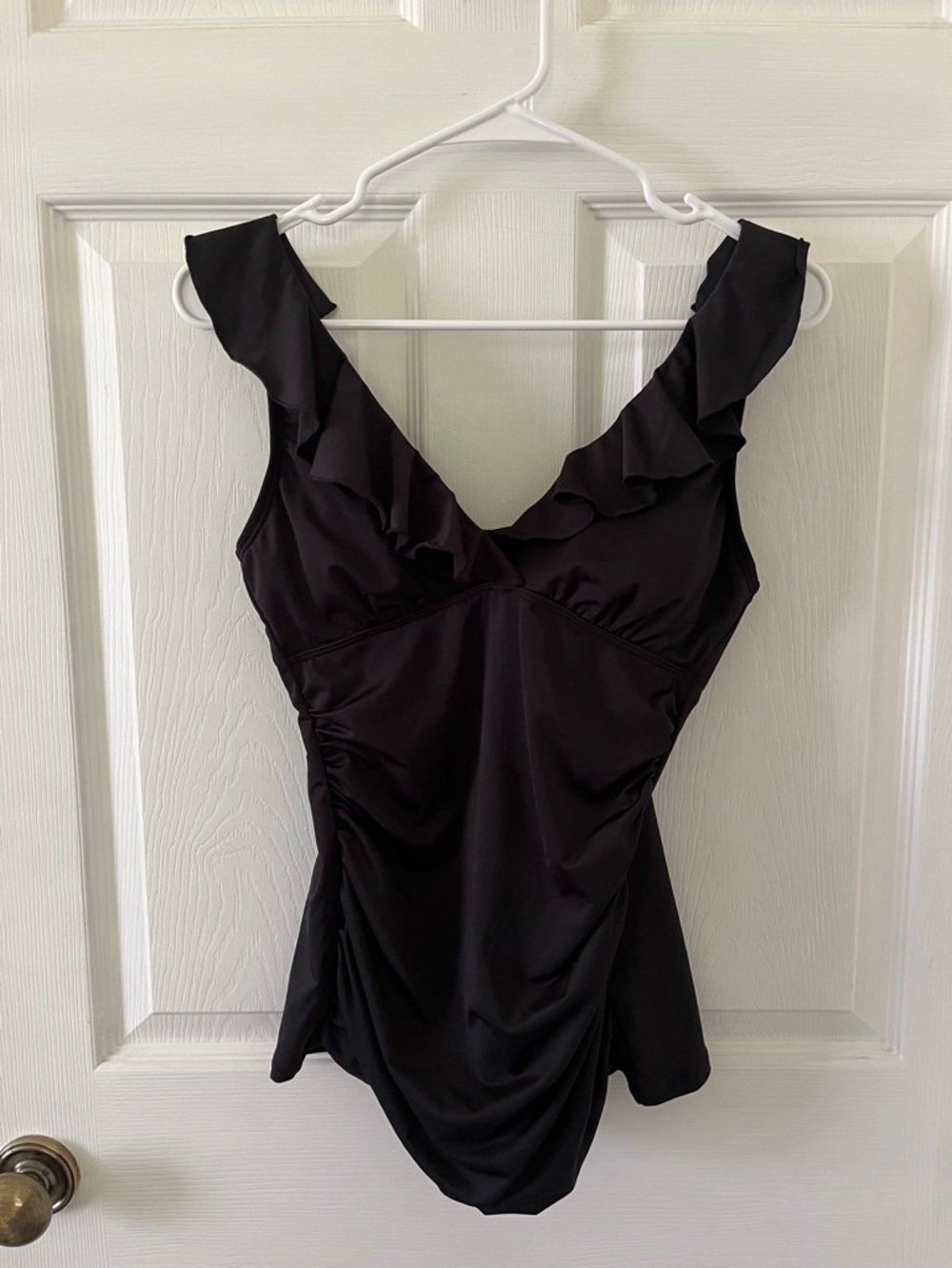 AquaShape Ruffled V-Neck Black Swim Top